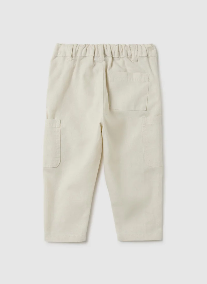 او في اس بنطلون أوف إس للأطفال بقصة عادية من مزيج الكتان بلون بيج